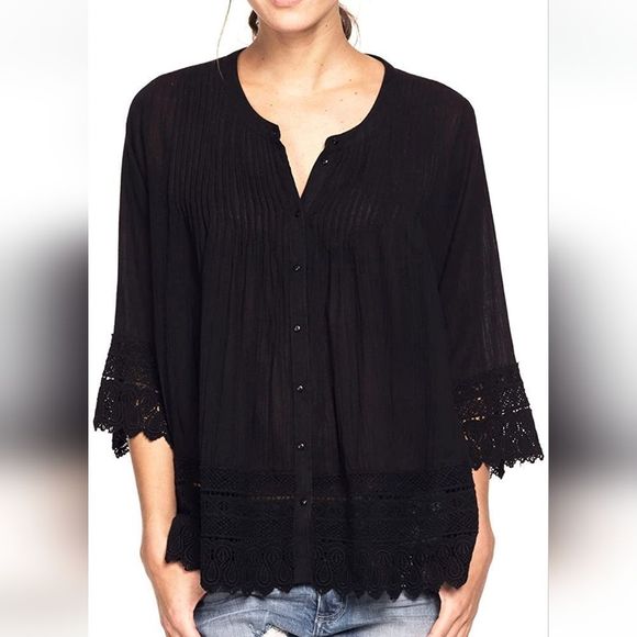 Ellos black trim crochet top 22-24 - Picture 2 of 10